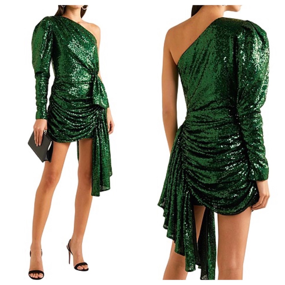16Arlington One Sleeve Draped Sequined Tulle Mini Dress Green Size UK 8 US 4